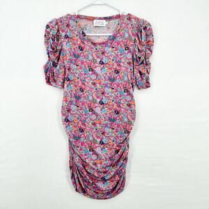 Tanya Taylor Tunic Top Chaia Pink Floral Rutched Short Sleeve Size XS